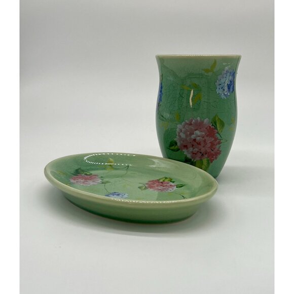 Set of 2 Vintage CB Ceramics Green Cup and Soap Dish w/Purple and Pink Peonies - Picture 1 of 8